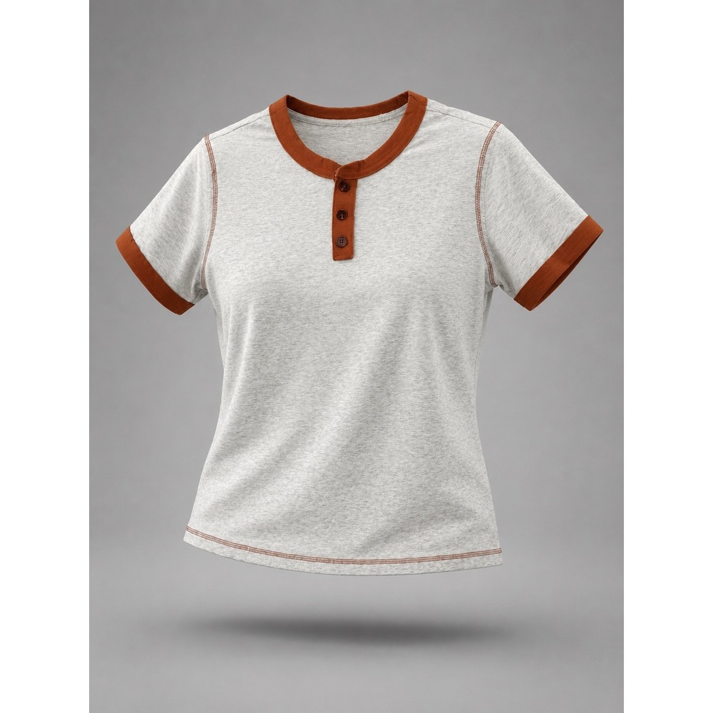 Womens Short Sleeve Henley T-Shirt Grey Rust Brown Ringer Tee Size M SS160